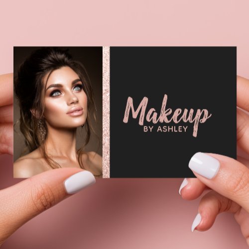 Makeup Artist Rose Gold Glitter Stripe Black Photo Business Card