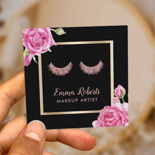 Makeup Artist Rose Gold Lashes Modern Floral Square Business Card