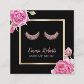 Makeup Artist Rose Gold Lashes Modern Floral Square Business Card (Front)