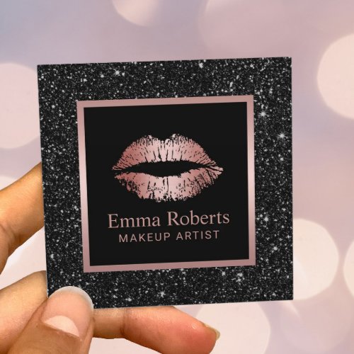 Makeup Artist Rose Gold Lips Black Glitter Salon Square Business Card