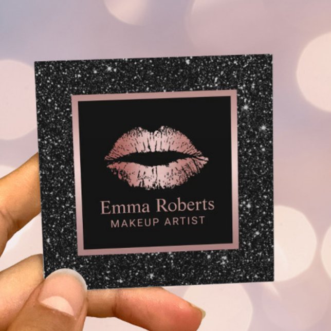 Makeup Artist Rose Gold Lips Black Glitter Salon Square Business Card (Creator Uploaded)