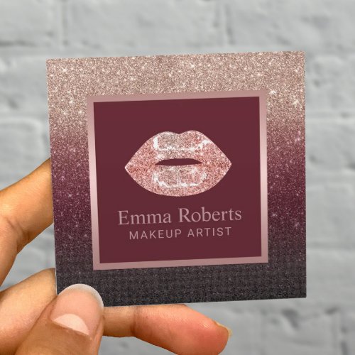 Makeup Artist Rose Gold Lips Burgundy Red Glitter Square Business Card