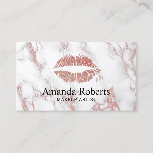 Makeup Artist Rose Gold Lips Charm Modern Marble Business Card (Front)