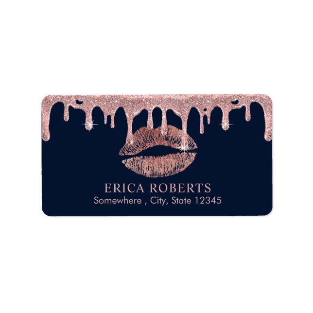 Makeup Artist Rose Gold Lips Dripping Navy Salon Label (Front)