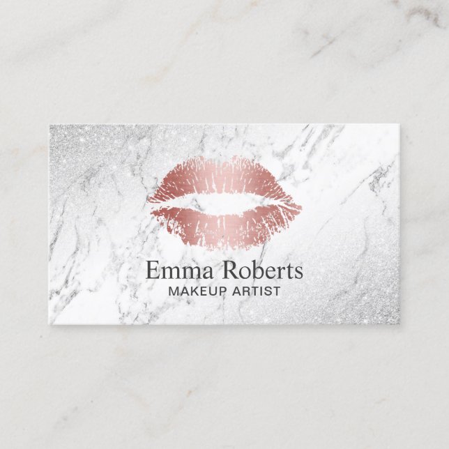 Makeup Artist Rose Gold Lips Elegant Marble Salon Business Card (Front)