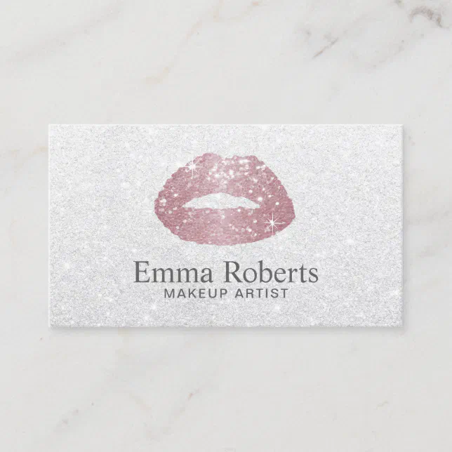 Makeup Artist Rose Gold Lips Elegant White Glitter Business Card | Zazzle