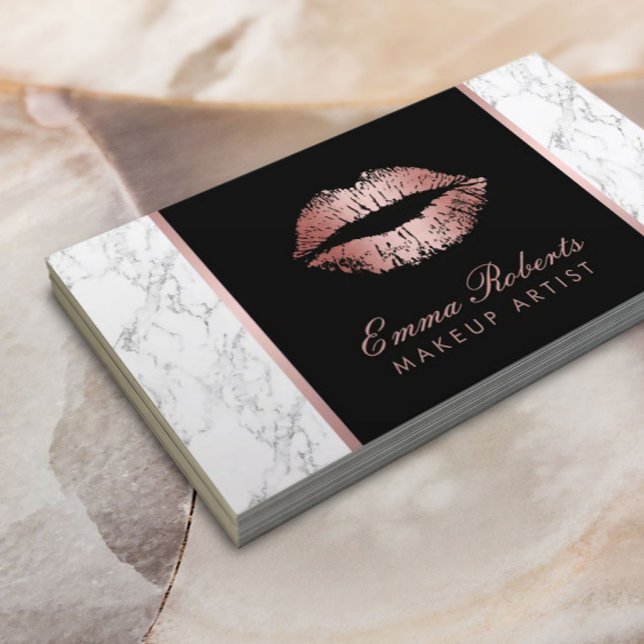 Makeup Artist Rose Gold Lips Elegant White Marble Business Card (Creator Uploaded)