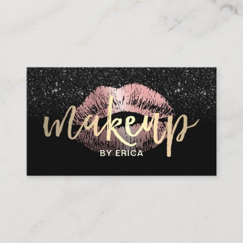 Makeup Artist Rose Gold Lips Gold Script Glitter Business Card