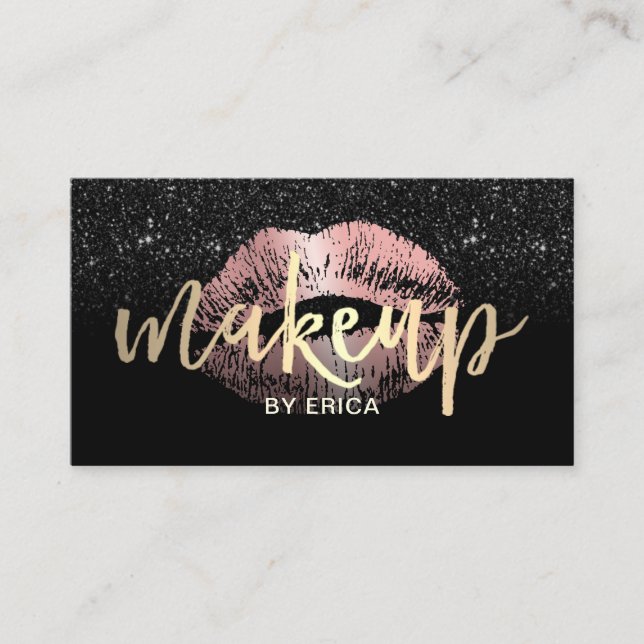 Makeup Artist Rose Gold Lips Gold Script Glitter Business Card (Front)