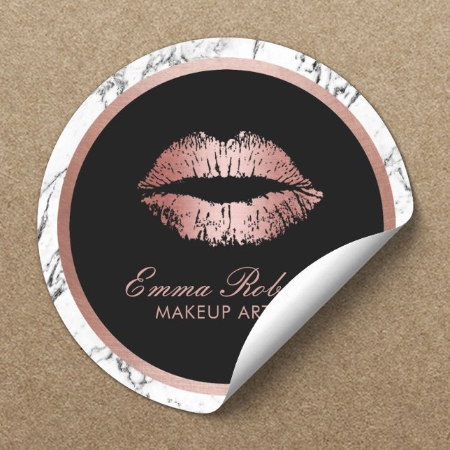 Makeup Artist Rose Gold Lips Modern Marble Classic Round Sticker (Creator Uploaded)