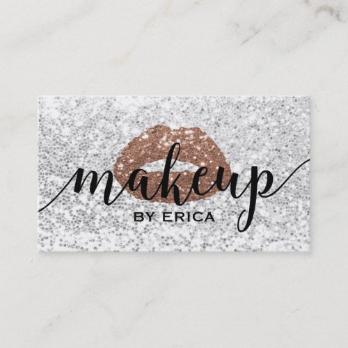 Makeup Artist Rose Gold Lips Modern Silver Sequins Business Card