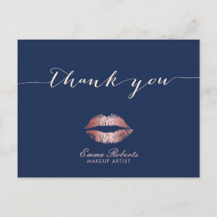 Makeup Artist Rose Gold Lips Navy Blue Thank You Postcard