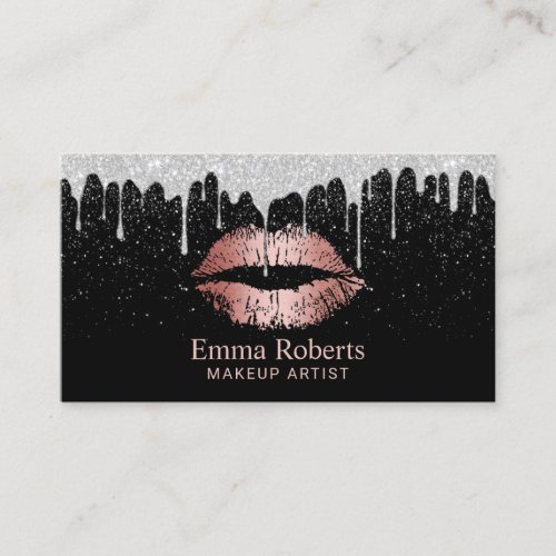 Makeup Artist Rose Gold Lips Silver Glitter Drips Business Card