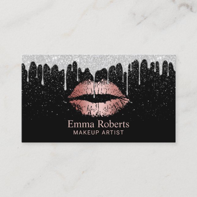 Makeup Artist Rose Gold Lips Silver Glitter Drips Business Card (Front)