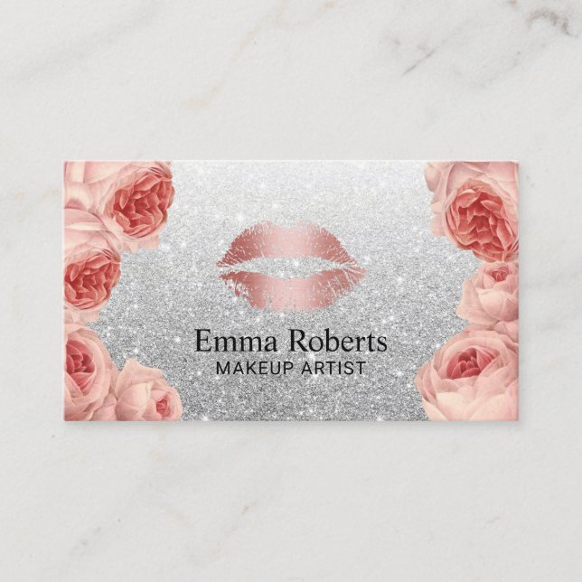 Makeup Artist Rose Gold Lips Silver Glitter Floral Business Card (Front)