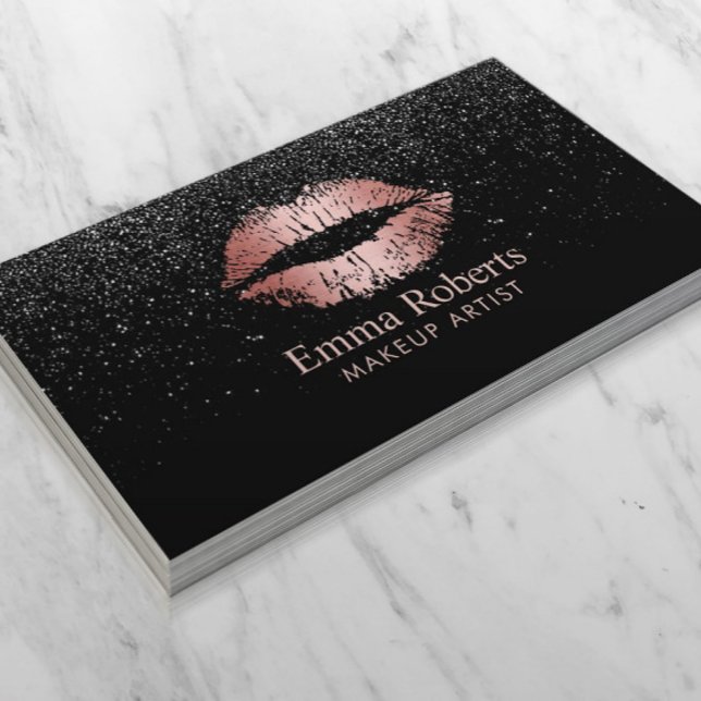 Makeup Artist Rose Gold Lips Trendy Black Glitter Business Card (Creator Uploaded)