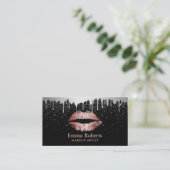 Makeup Artist Rose Gold Lips Trendy Silver Drips Business Card (Standing Front)