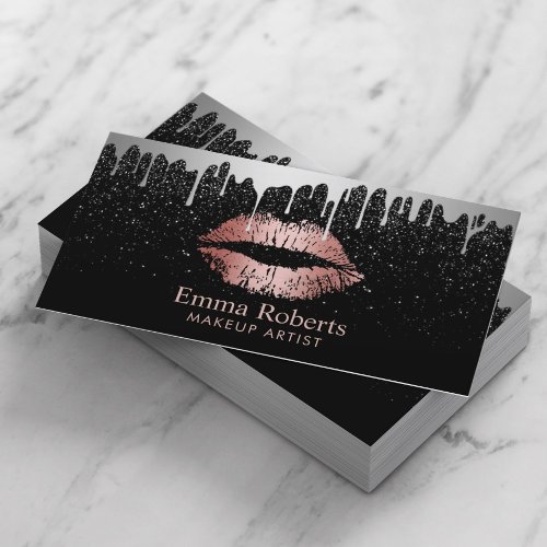 Makeup Artist Rose Gold Lips Trendy Silver Drips Business Card