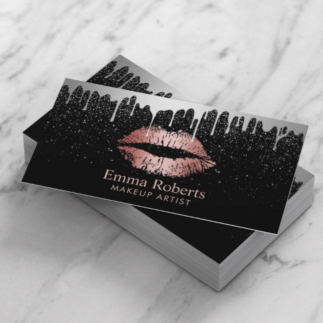 Makeup Artist Rose Gold Lips Trendy Silver Drips Business Card
