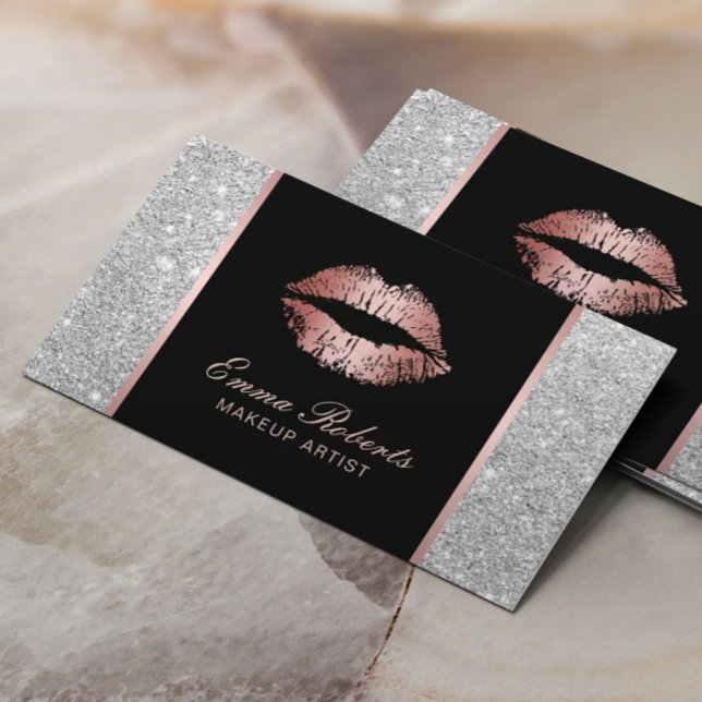 Makeup Artist Rose Gold Lips Trendy Silver Glitter Business Card (Creator Uploaded)