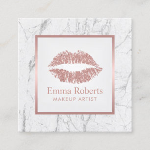 Makeup Artist Rose Gold Lips White Marble Square Business Card