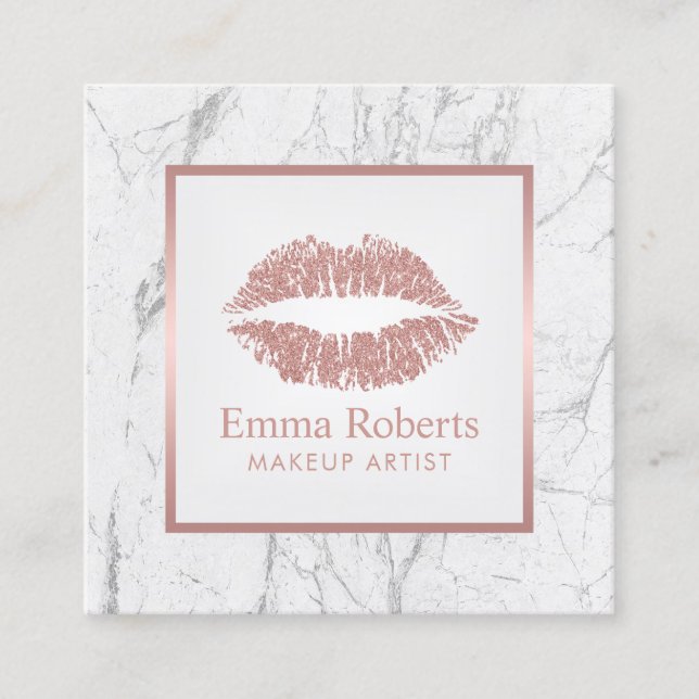 Makeup Artist Rose Gold Lips White Marble Square Business Card (Front)