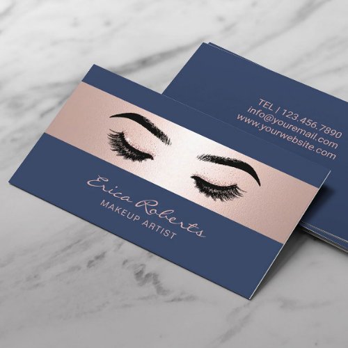 Makeup Artist Rose Gold Stripe Navy Beauty Salon Business Card