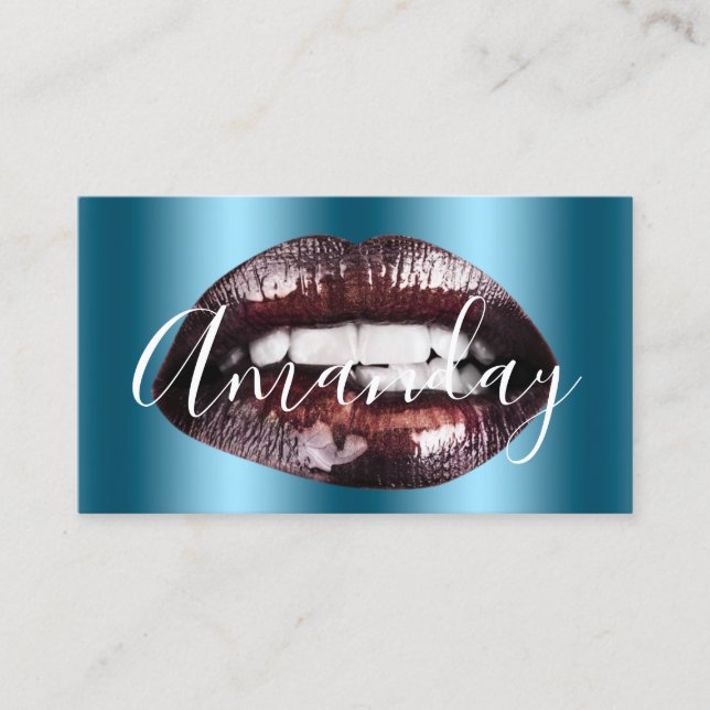 Makeup Artist Rose Teal Lips Logo QR Code Business Card (Front)