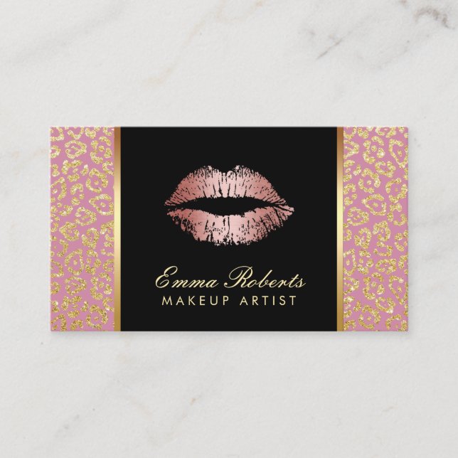 Makeup Artist Salon Rose Gold Lips Modern Leopard Business Card (Front)