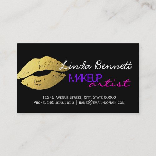 Makeup Artist - Sassy Gold Lips Dark Theme Style Double-Sided Standard Business Cards (Pack Of 100)