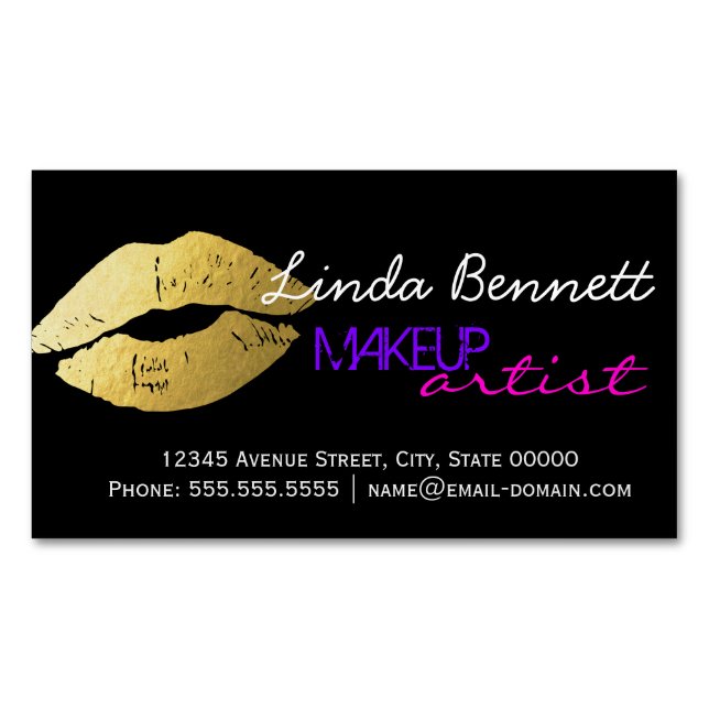 Makeup Artist - Sassy Gold Lips Dark Theme Style Business Card Magnet (Front)