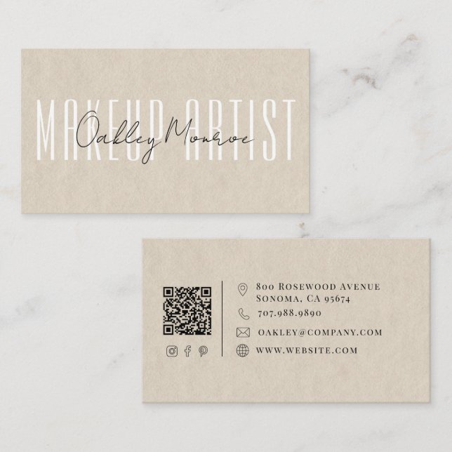 Makeup Artist Script Name Tan QR Code Business Card (Front/Back)