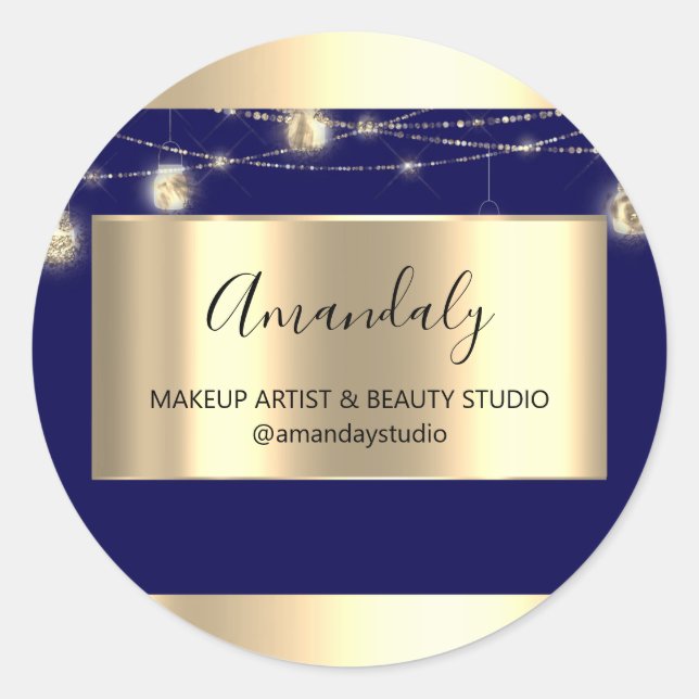 Makeup Artist Shop Framed Gold Favor Thank Blue Classic Round Sticker (Front)