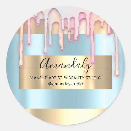 Makeup Artist Shop Framed Rose Gold Blue Favor Classic Round Sticker