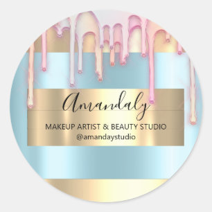 Makeup Artist Shop Framed Rose Gold Blue Favor Classic Round Sticker