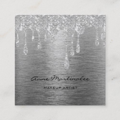 Makeup Artist Silver Dripping Glitter Metallic Square Business Card