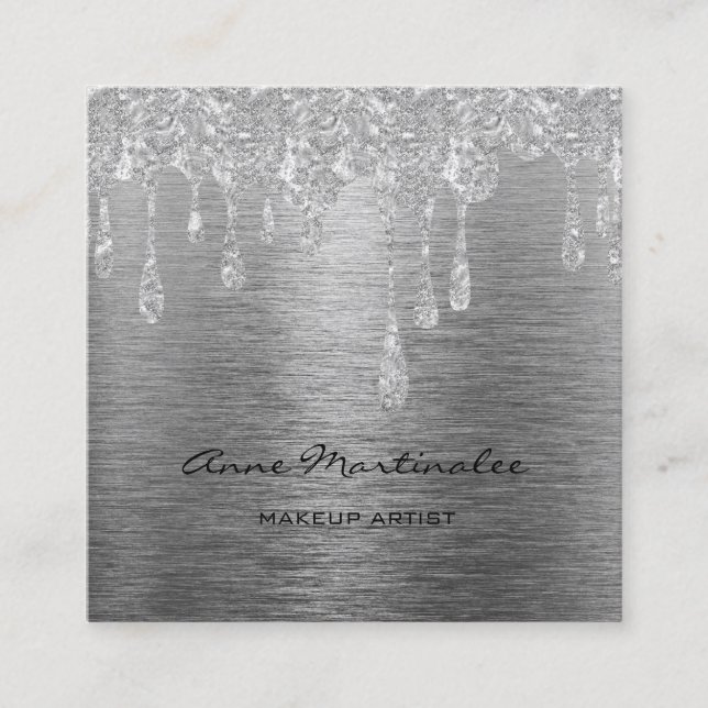 Makeup Artist Silver Dripping Glitter Metallic Square Business Card (Front)