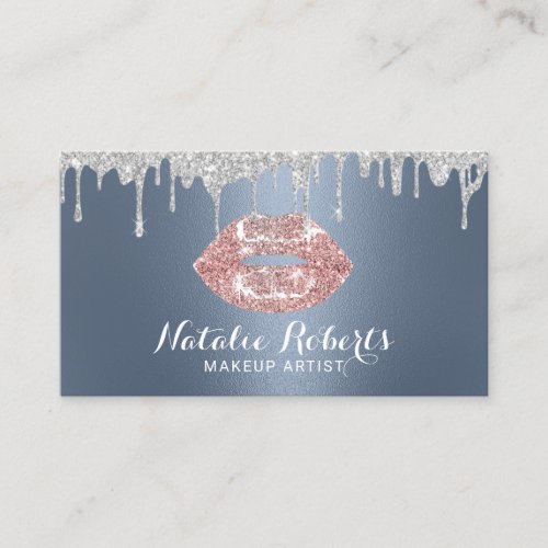 Makeup Artist Silver Drips Chic Lips Dusty Blue Business Card