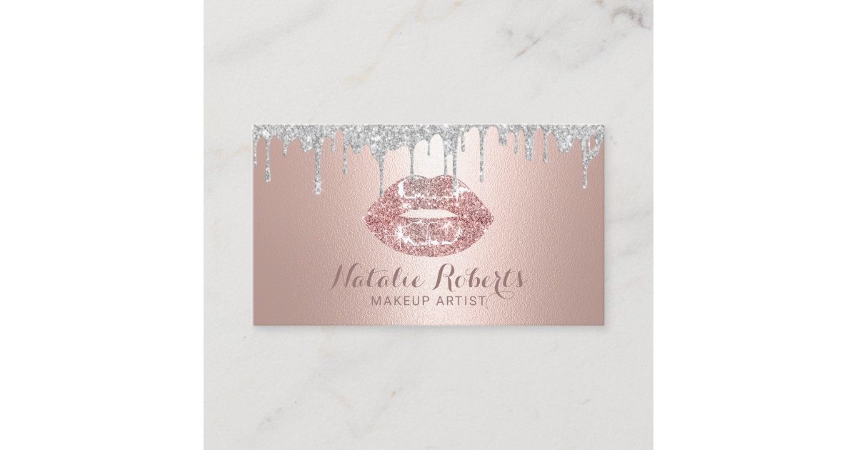 Makeup Artist Silver Drips Rose Gold Lips Salon Business Card Zazzle Com