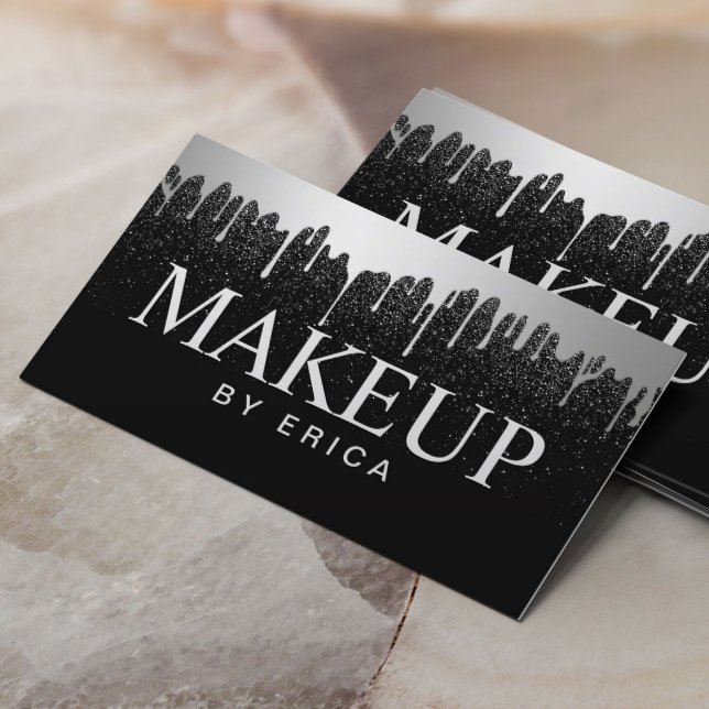 Makeup Artist Silver Drips Trendy Black Glitter Business Card