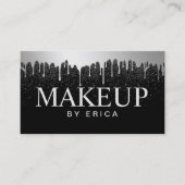 Makeup Artist Silver Drips Trendy Black Glitter Business Card (Front)