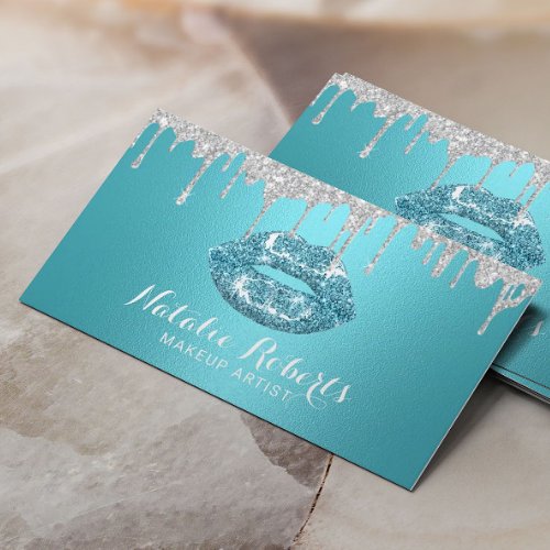 Makeup Artist Silver Drips Turquoise Lips Salon Business Card