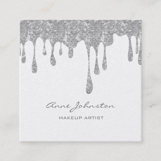 Makeup Artist Silver Glitter and Sparkle Square Business Card (Front)