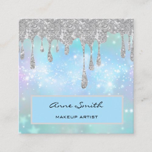 Makeup Artist Silver Glitter Dripping on Blue Square Business Card