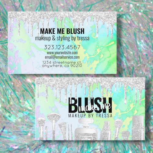 Makeup Artist Silver Glitter Drips Hologram Marble Business Card