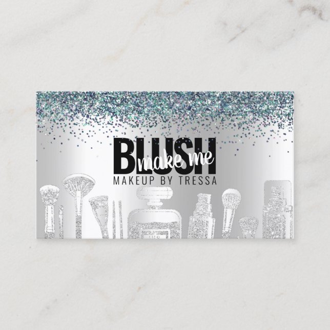 Makeup Artist Silver Glitter + Peacock Gems Business Card (Front)