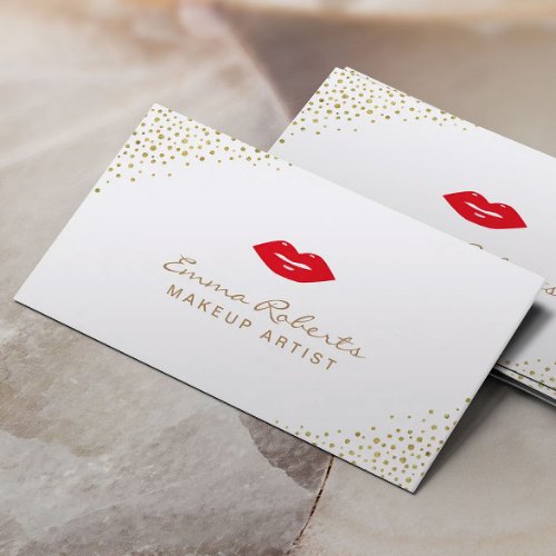 Makeup Artist Simple Red Lips Gold Confetti Dots Business Card
