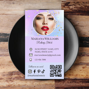 makeup artist social media photo qr code purple business card