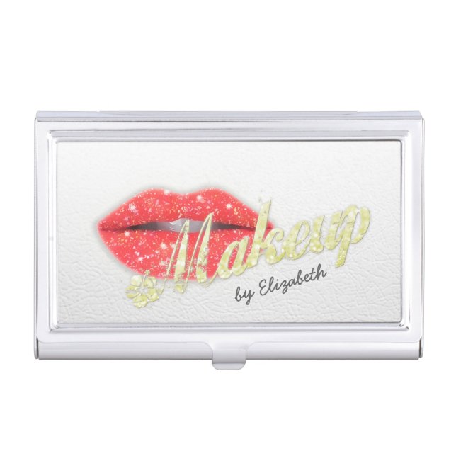 Makeup Artist Sparkle Red Lips Salon Hair Stylist Business Card Holder (Front)