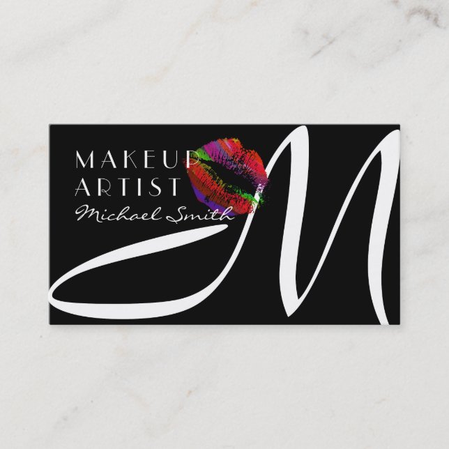 Makeup Artist Stylish Colorful Lips Monogram #2 Business Card (Front)